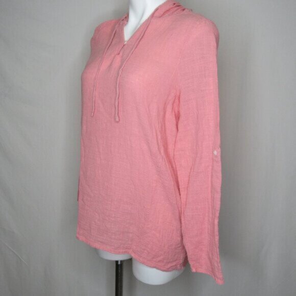 North River Pink Long Roll Tab Sleeve Hoodie Cotton Top Women's M Medium - Picture 2 of 10